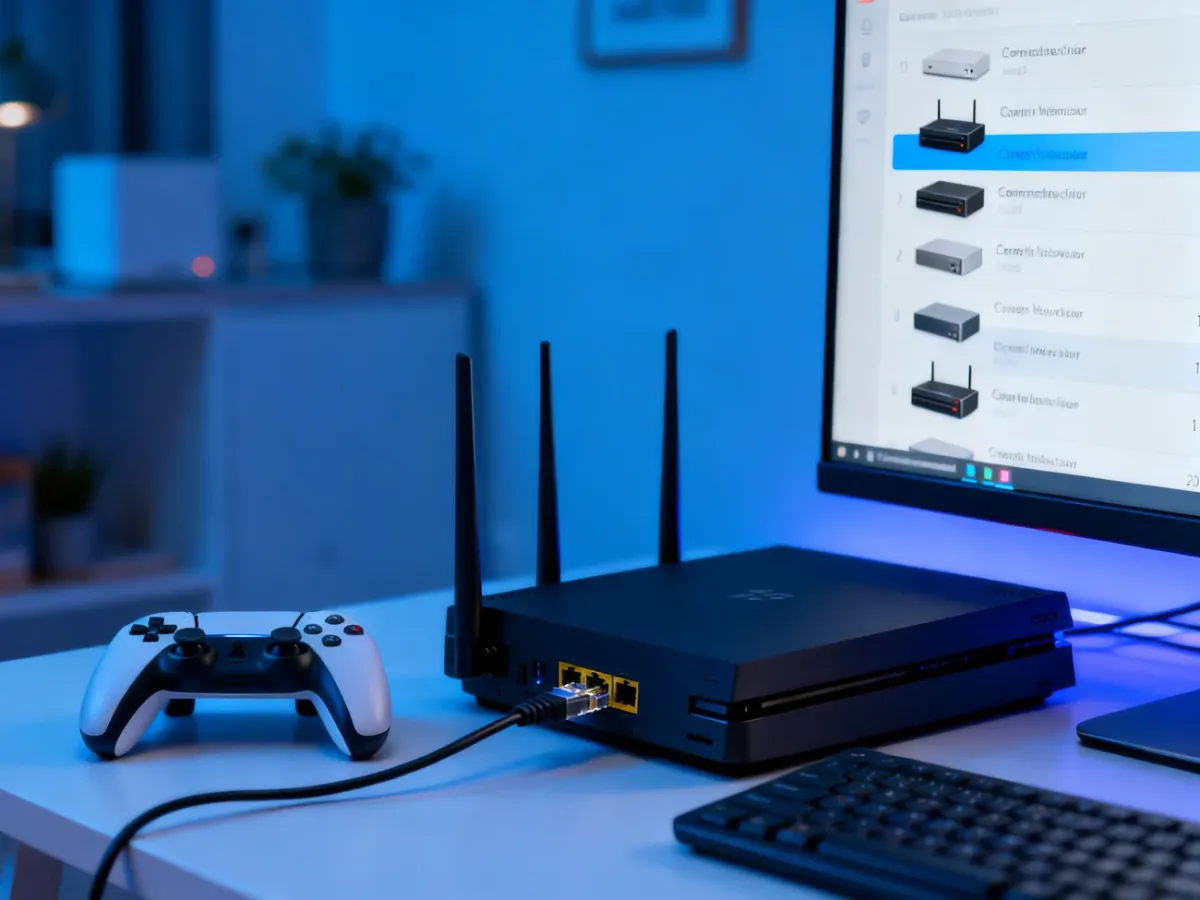 Konsola podłączona przewodem Ethernet do routera i widoczna na liście urządzeń sieciowych