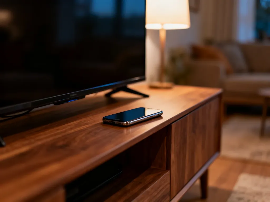 Nowoczesny smartfon leżący na szafce RTV obok wyłączonego telewizora w przytulnym salonie.