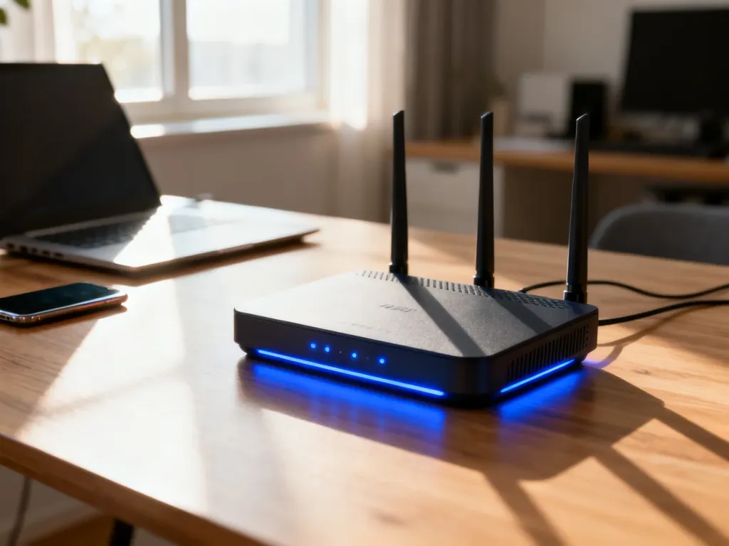 Nowoczesny router z włączonymi diodami LED na drewnianym biurku w domowym biurze.