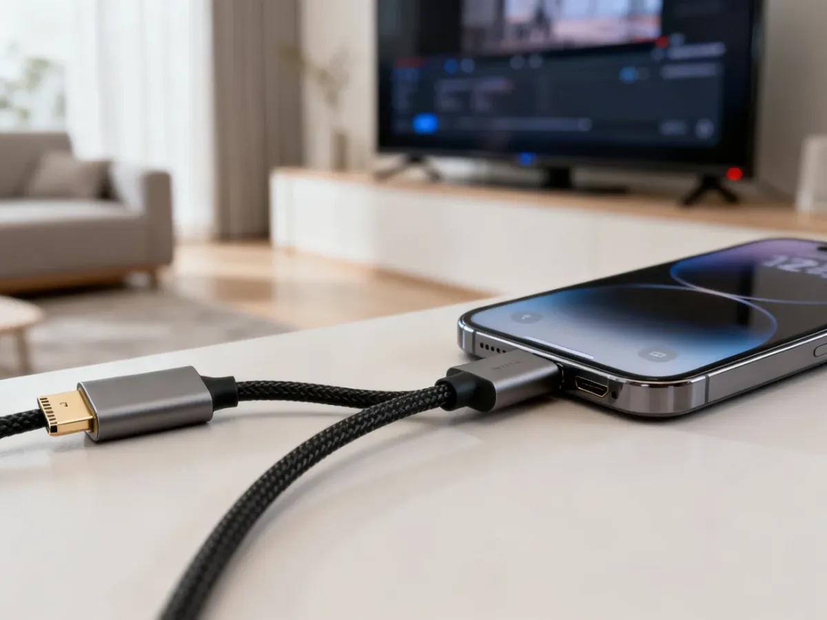 Telefon podłączony do telewizora przez adapter USB-C–HDMI