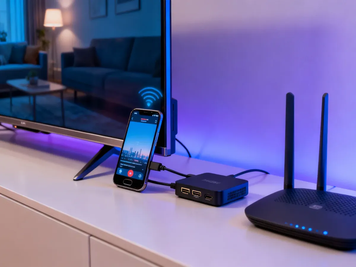 Telefon bezprzewodowo przesyłający obraz do telewizora przez przystawkę HDMI