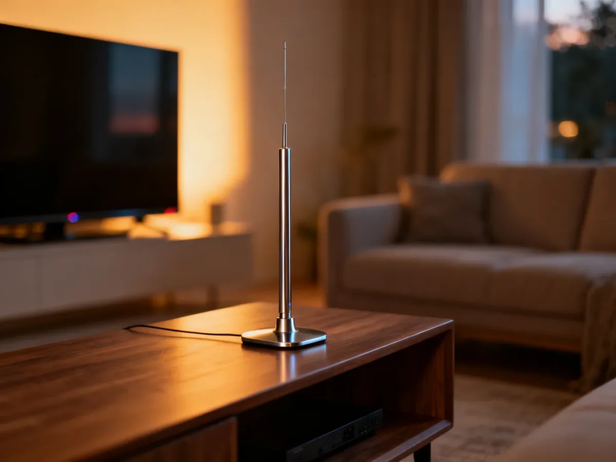 Nowoczesna antena pokojowa DVB-T2 ustawiona na drewnianej szafce w przytulnym, minimalistycznym salonie.