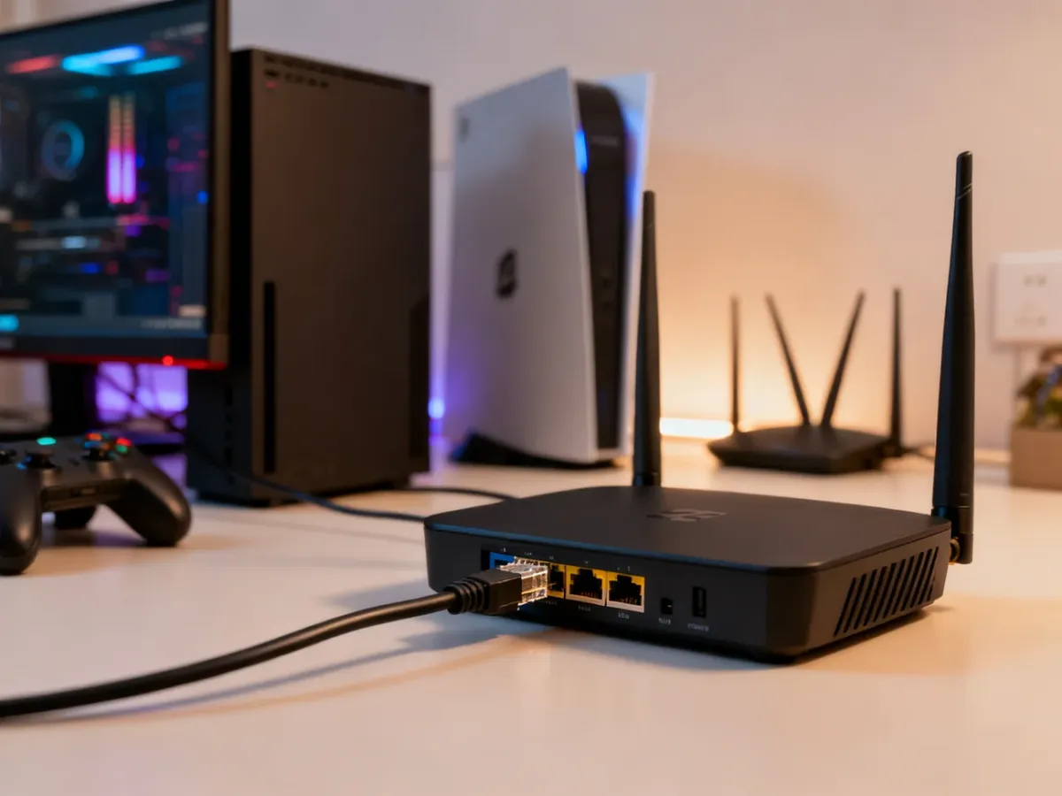 Komputer i konsola podłączone kablem Ethernet do routera