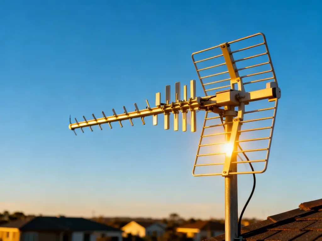 Nowoczesna antena telewizyjna zamontowana na dachu na tle błękitnego nieba, gotowa do precyzyjnego ustawienia sygnału.