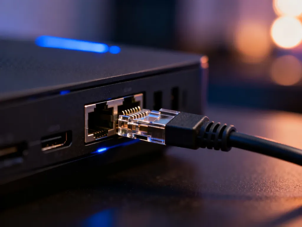Kabel Ethernet wpinany do portu konsoli, zapewniający stabilne połączenie sieciowe.