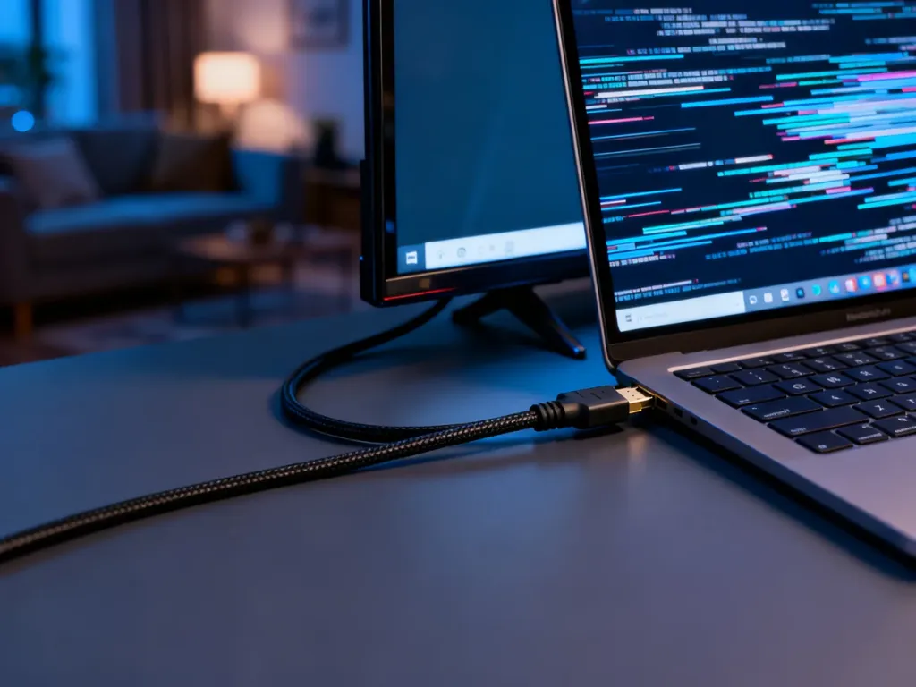 Laptop podłączony kablem HDMI do telewizora, na którym widać rozciągnięty i zniekształcony obraz pulpitu.