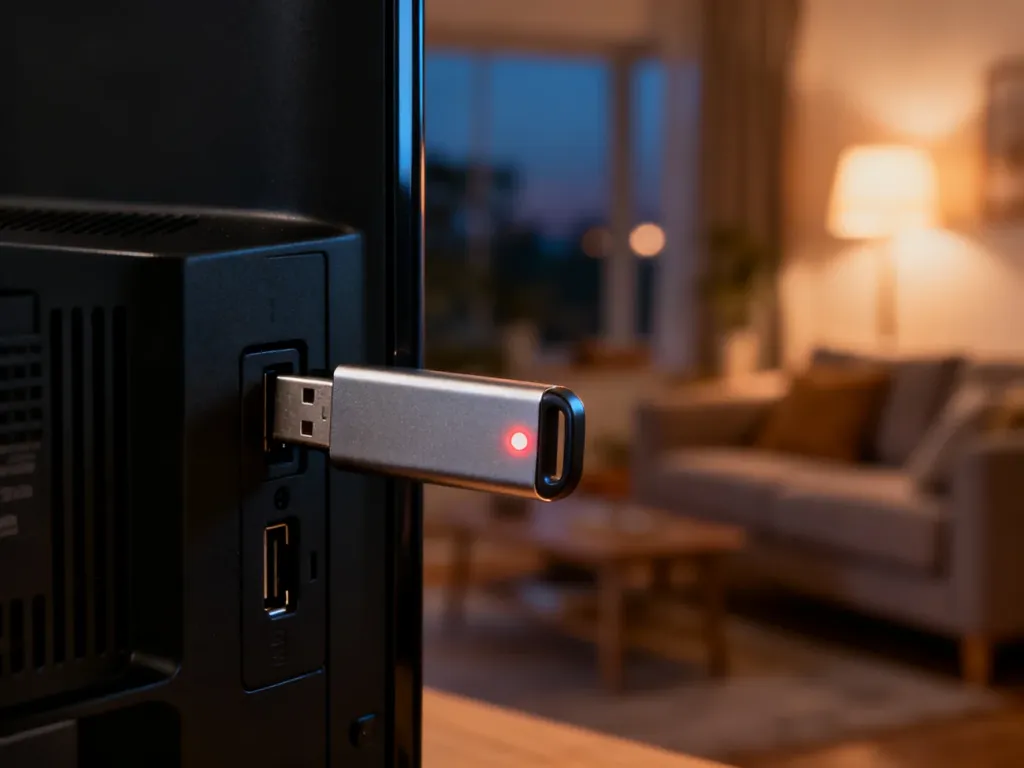 Pendrive wpięty do portu USB w telewizorze w przytulnym salonie wieczorową porą.