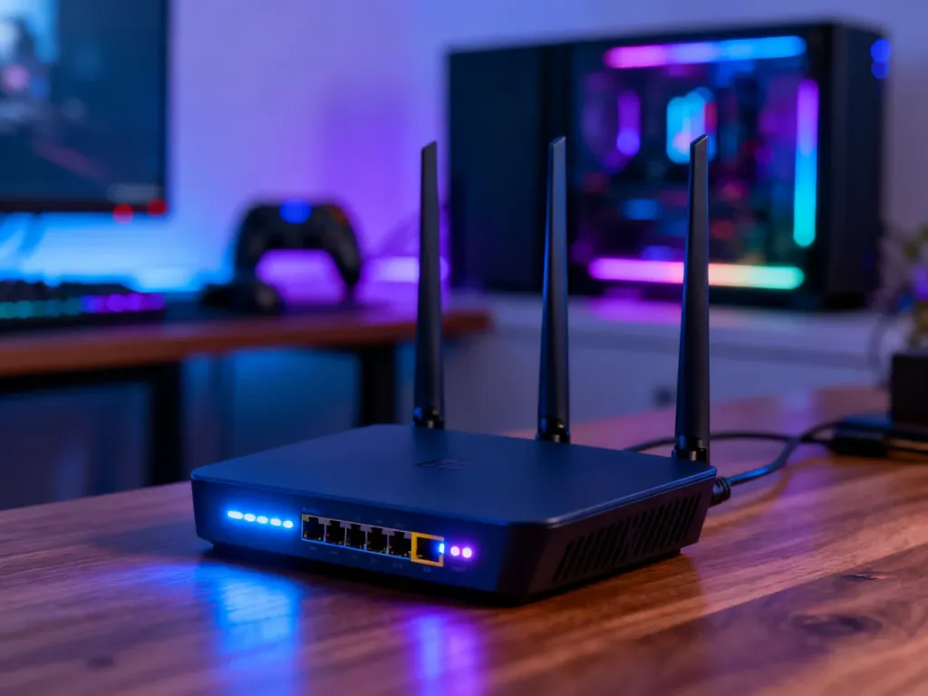 Nowoczesny router z aktywnymi diodami LED na biurku, w tle rozmyta konsola do gier z nastrojowym oświetleniem.