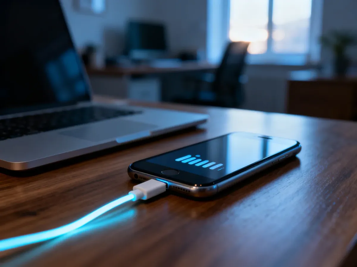 Smartfon podłączony kablem USB do laptopa na drewnianym biurku, ilustrujący przewodowe udostępnianie szybkiego internetu.