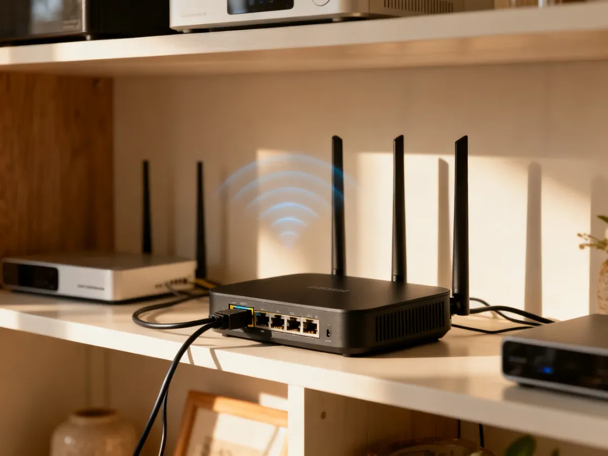 Router Wi-Fi ustawiony centralnie w domu z podłączonymi kablami
