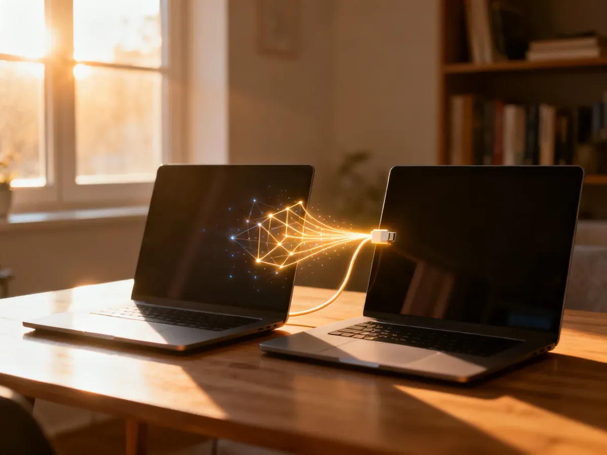 Dwa laptopy na biurku połączone cyfrową linią przesyłu danych, symbolizujące udostępnianie plików między komputerami.
