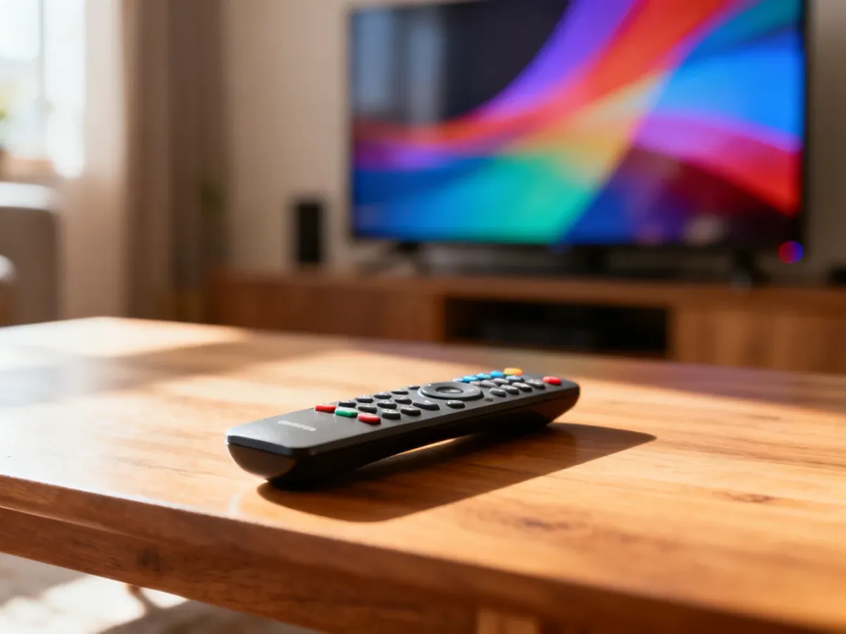 Nowoczesny pilot uniwersalny leżący na drewnianym stoliku kawowym w salonie z włączonym telewizorem w tle.