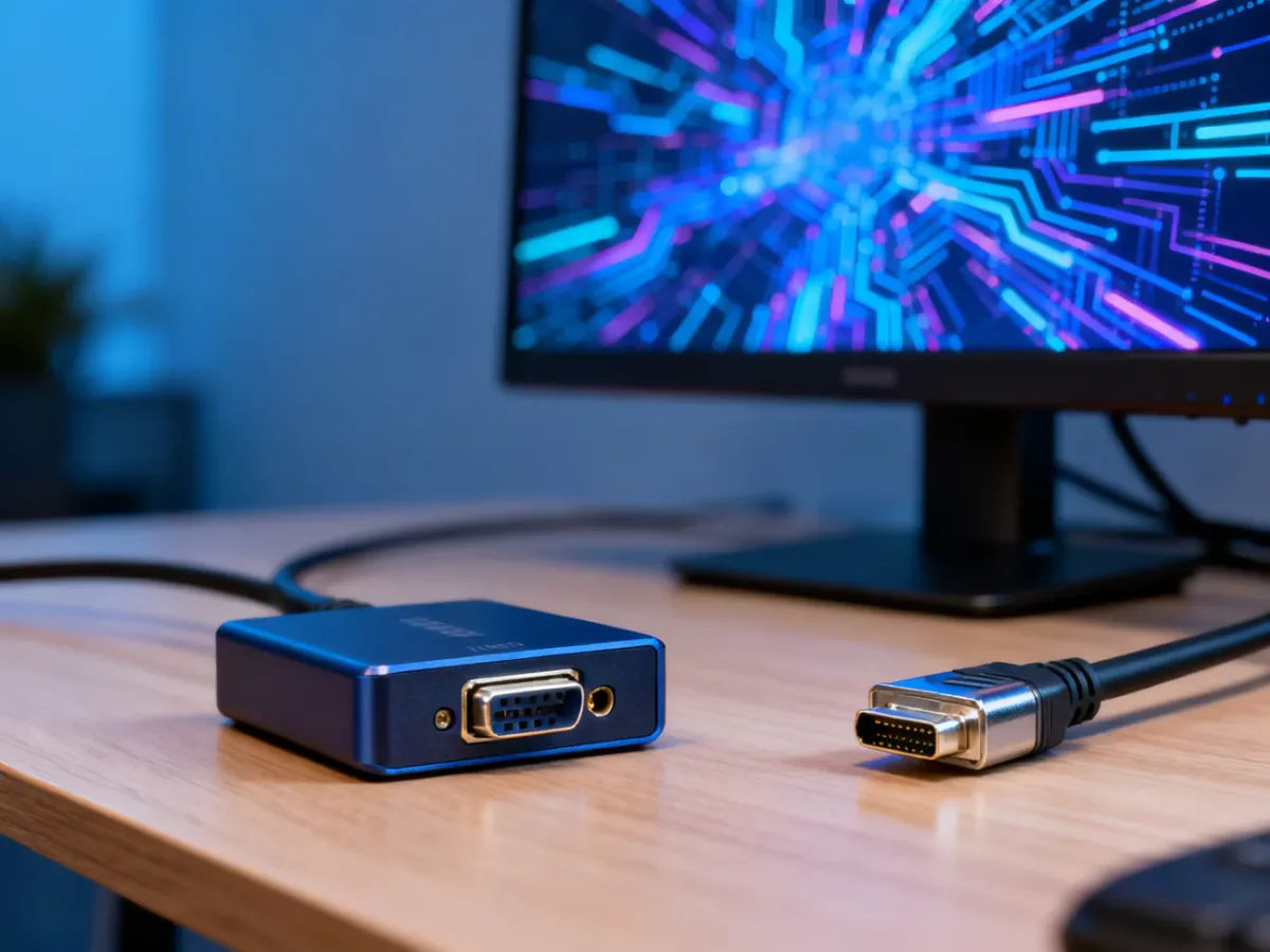 Adapter HDMI na VGA leżący na drewnianym biurku obok kabla wideo, z monitorem w tle.