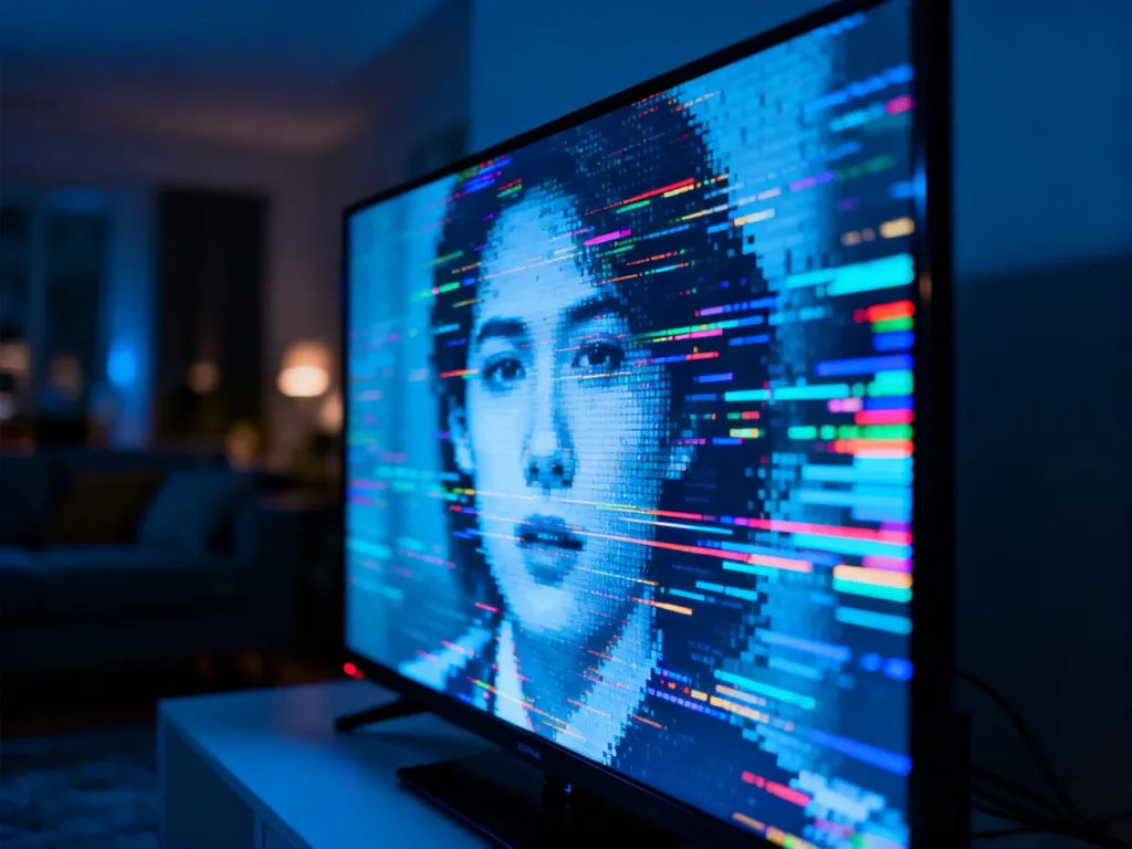 Ekran nowoczesnego telewizora wyświetlający zniekształcony obraz z widocznymi cyfrowymi zakłóceniami i pikselami.