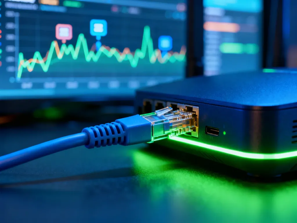 Kabel światłowodowy podłączony do nowoczesnego routera z widocznymi w tle wykresami opóźnień sieciowych.