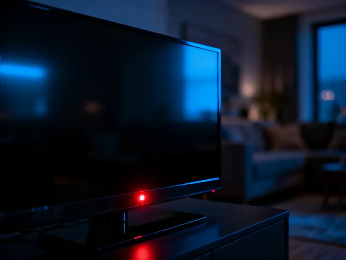 Nowoczesny telewizor z czarnym ekranem i świecącą na czerwono diodą standby w przyciemnionym salonie.