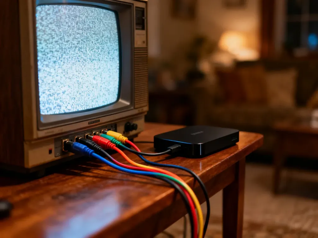 Nowoczesna przystawka streamingowa podłączona kolorowymi kablami do starego telewizora kineskopowego.