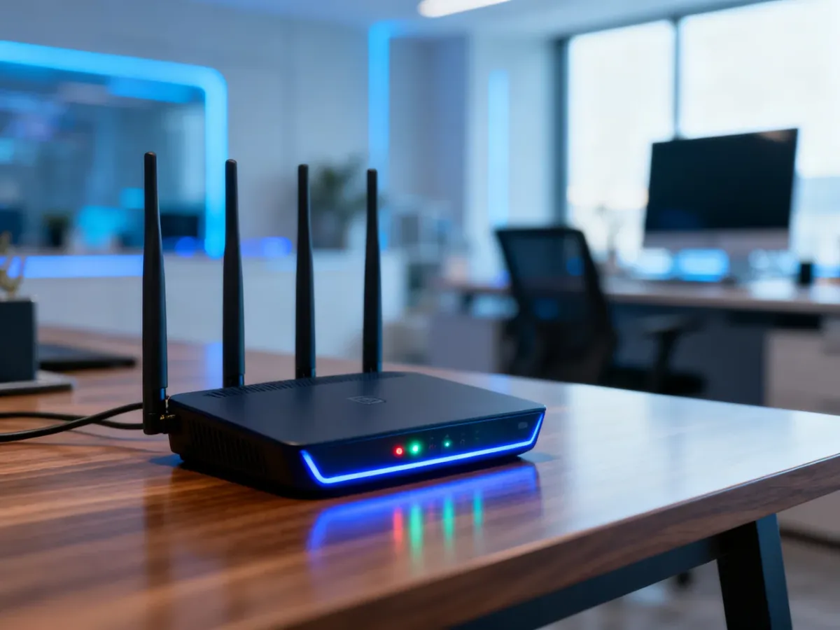 Nowoczesny router Wi-Fi 7 na drewnianym biurku w minimalistycznym domowym biurze.