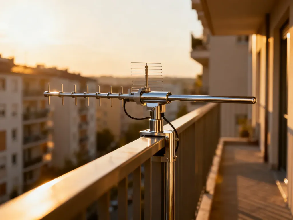 Nowoczesna antena zewnętrzna zamontowana na balustradzie balkonu w bloku, oświetlona ciepłym światłem zachodzącego słońca.
