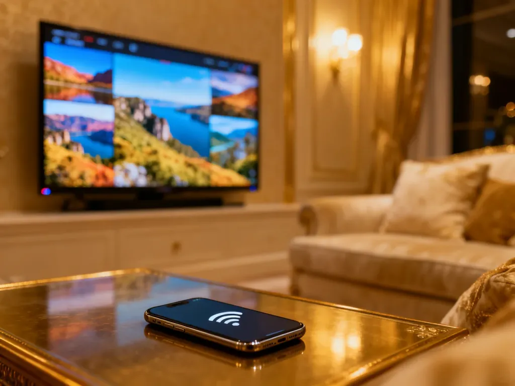 Nowoczesny telewizor wyświetlający zdjęcia z telefonu, który leży na stoliku kawowym w przytulnym salonie.