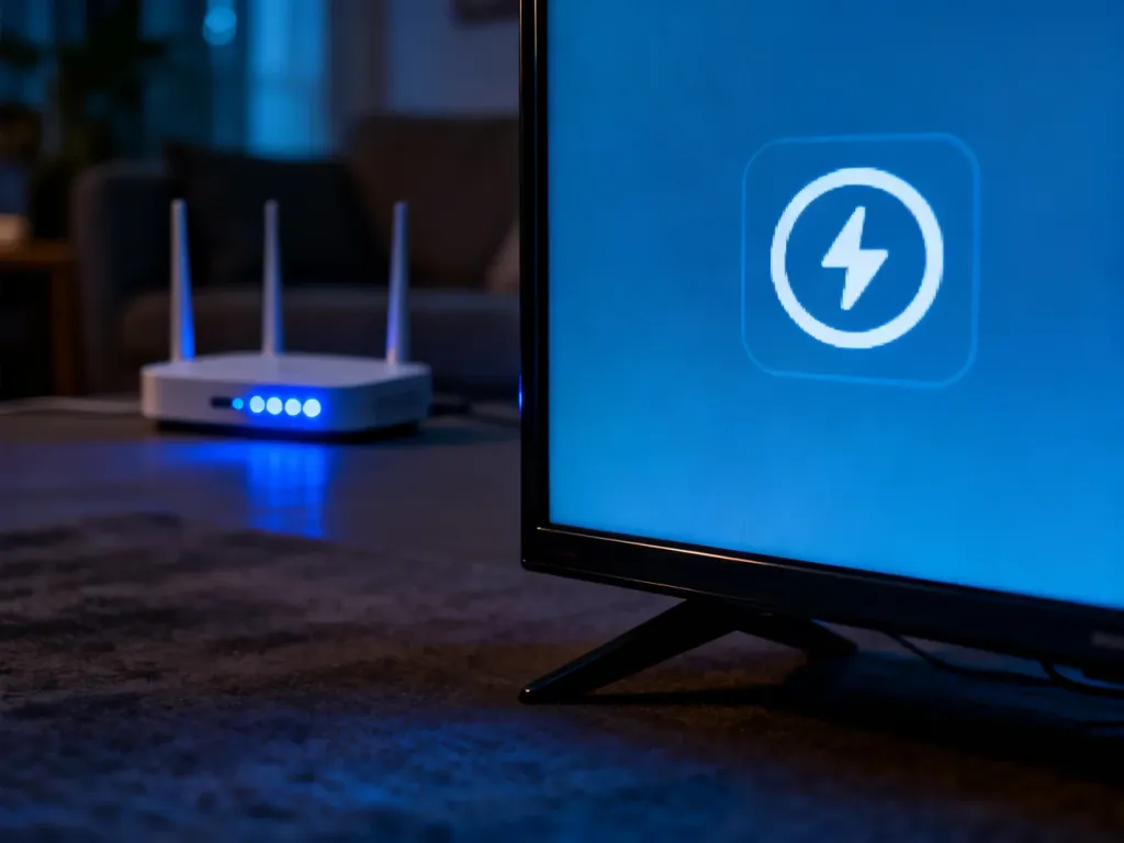 Ekran telewizora z ikoną błędu połączenia sieciowego oraz router w tle, sygnalizujący problemy z łącznością Wi-Fi.