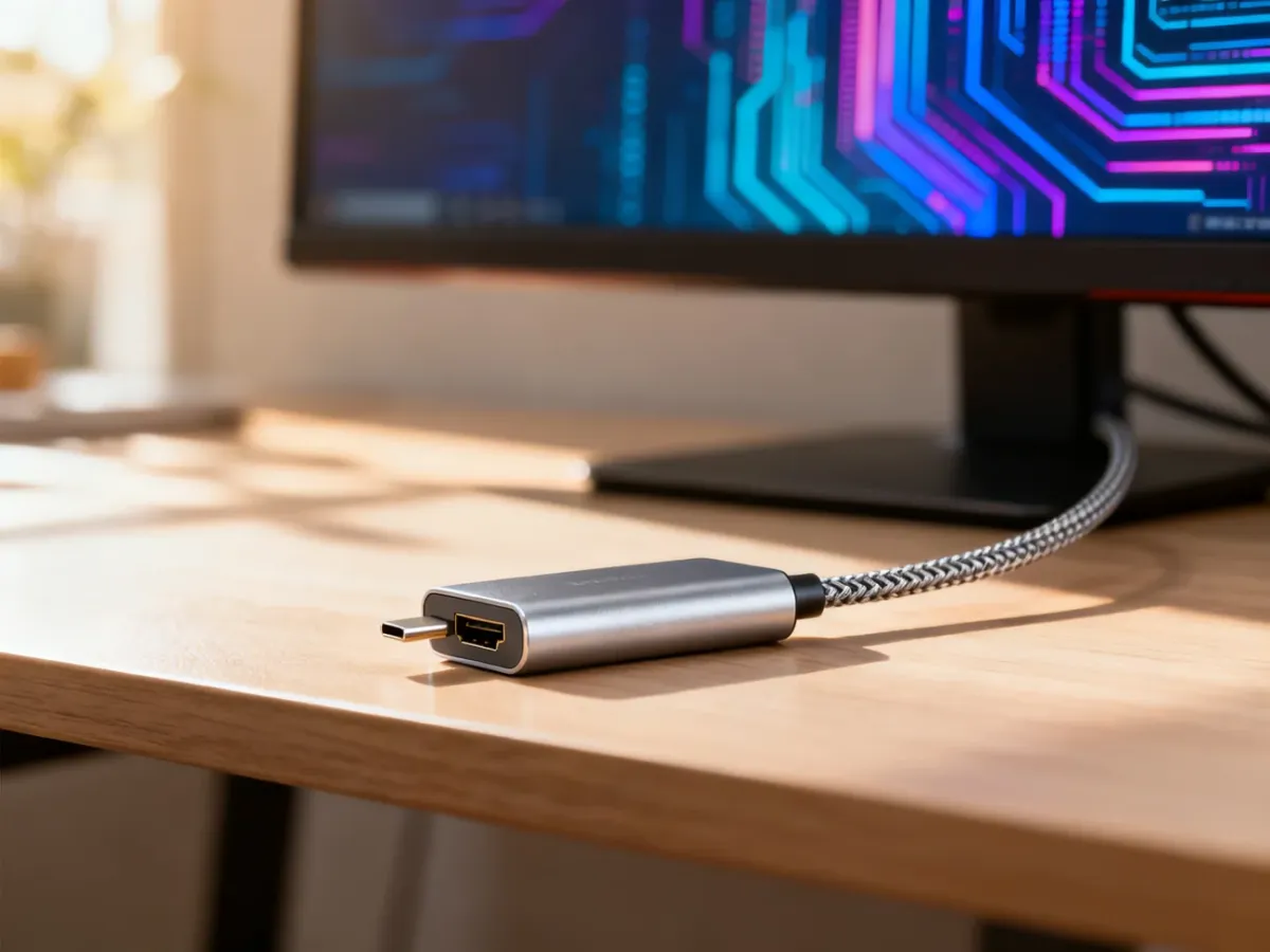 Elegancki adapter USB-C na HDMI leżący na drewnianym biurku, z rozmytym monitorem w tle.