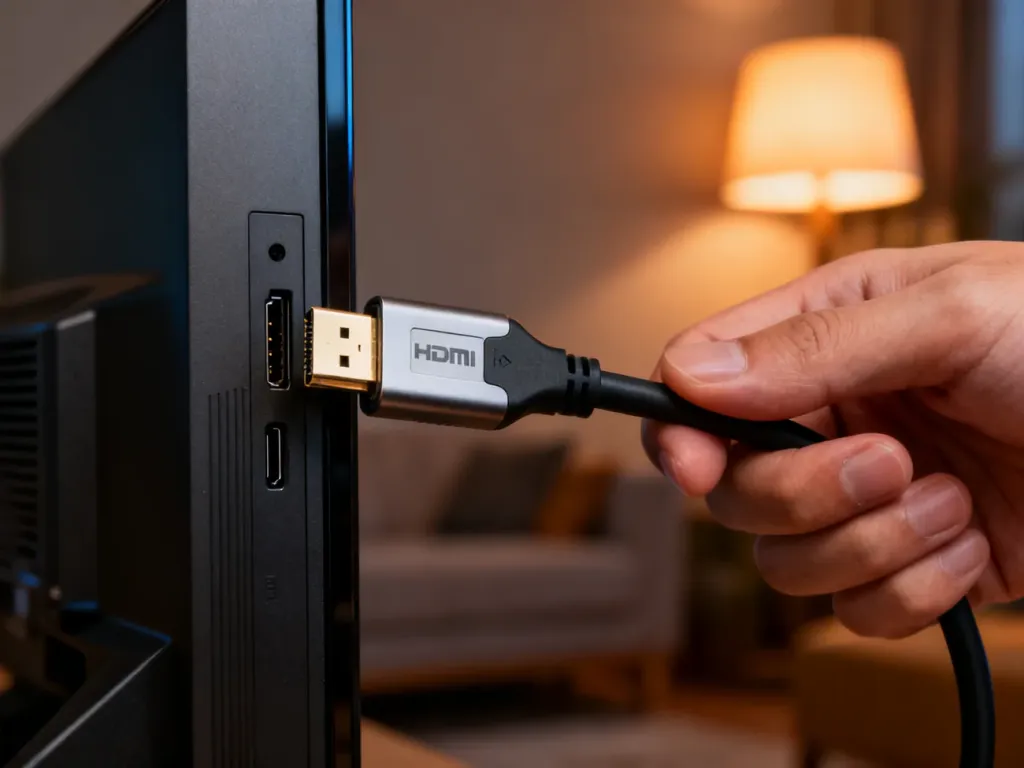 Zbliżenie na wtyczkę kabla HDMI wkładaną do portu w telewizorze, ilustrujące proces poprawnego podłączania urządzeń.