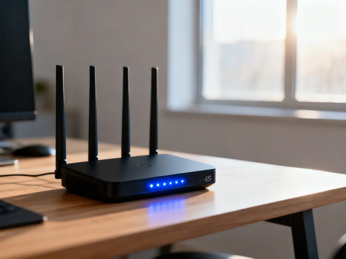 Nowoczesny router 5G z podświetlanymi diodami LED na minimalistycznym biurku w jasnym domowym biurze.