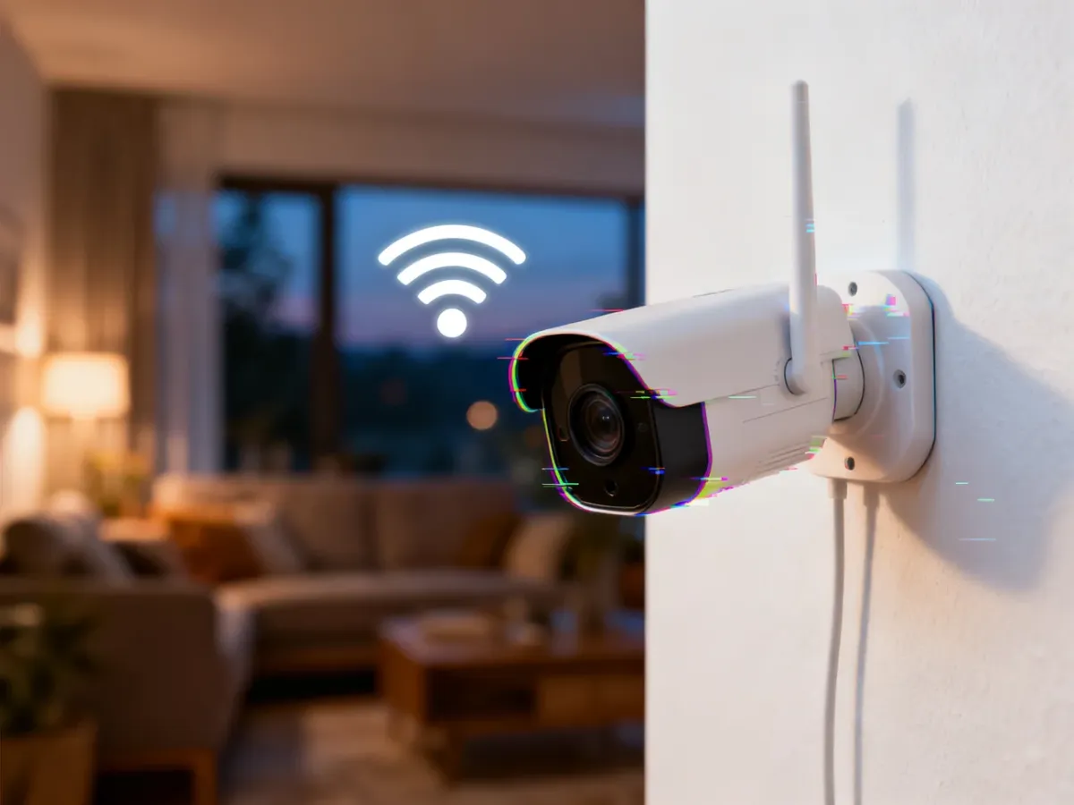 Nowoczesna kamera monitoringu na ścianie z ikoną rozłączonego Wi-Fi i efektem cyfrowego zakłócenia.