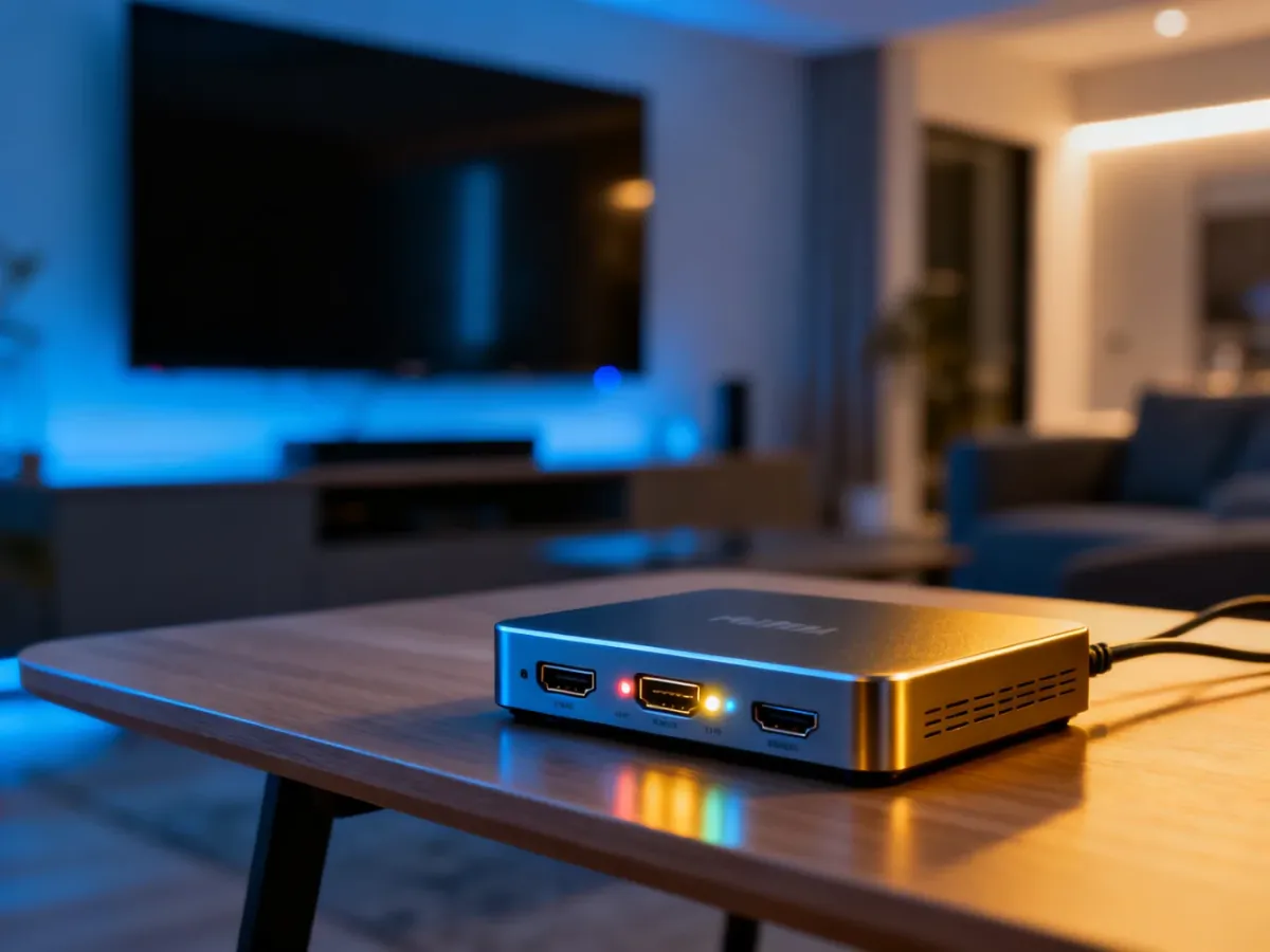 Nowoczesny rozdzielacz HDMI z podświetlanymi diodami na drewnianym biurku w tle salonu z telewizorem.