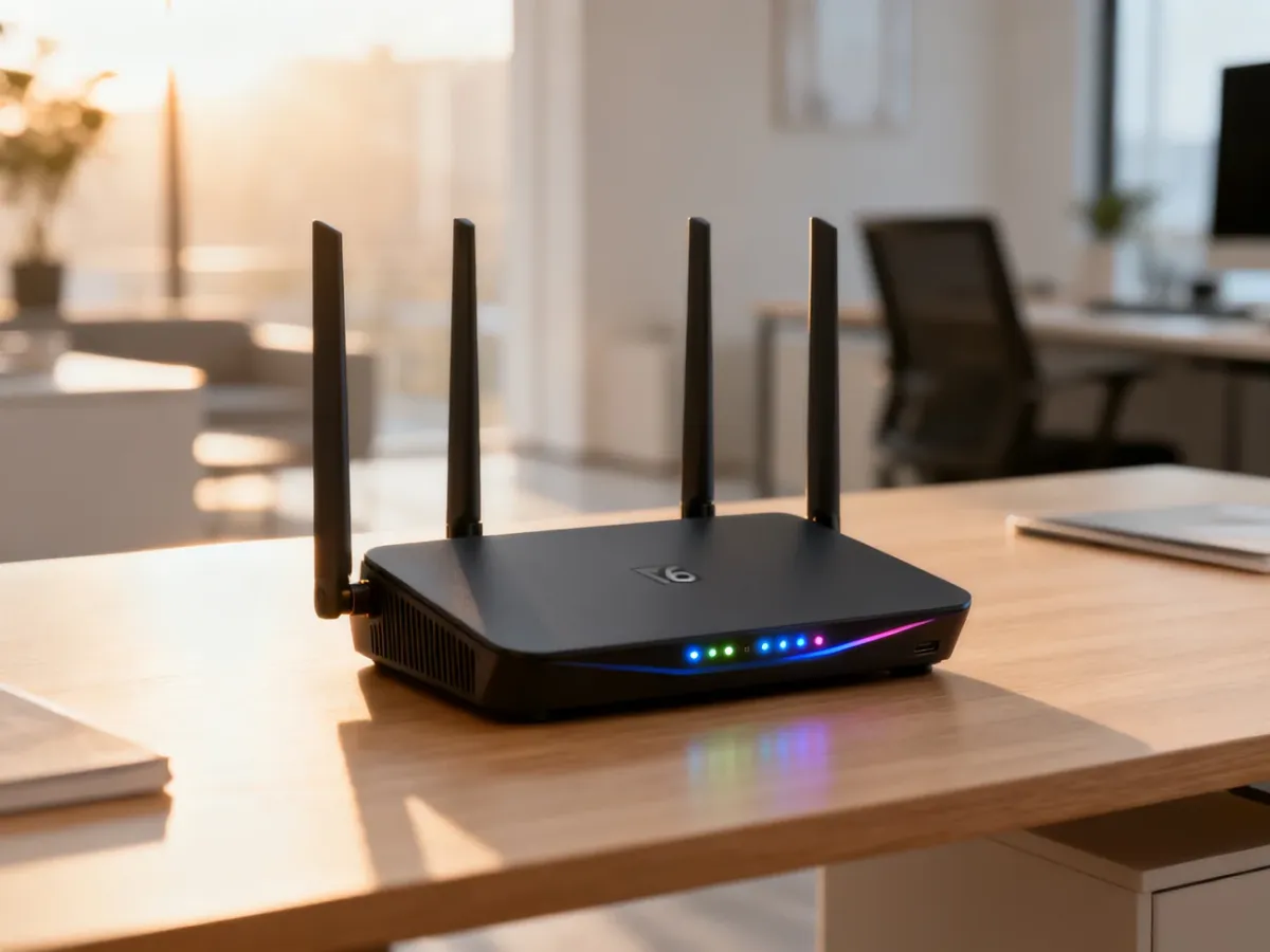 Nowoczesny router Wi-Fi 6 na minimalistycznym biurku w jasnym domowym biurze.
