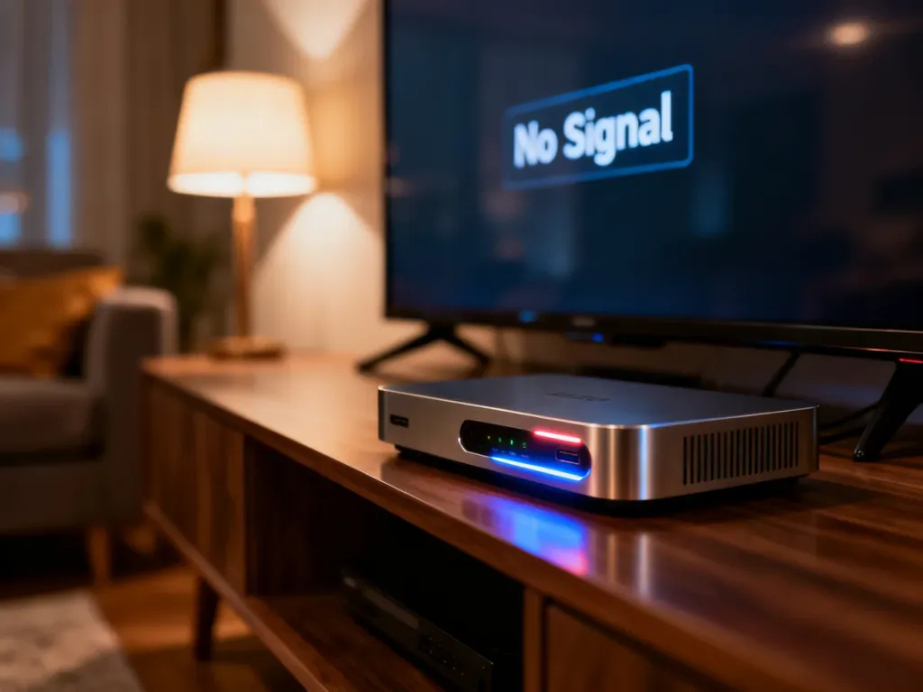 Nowoczesny dekoder DVB-T2 na szafce RTV w salonie, w tle telewizor z komunikatem o braku sygnału.