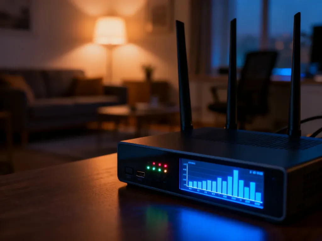 Nowoczesny router z podświetlanym wykresem zużycia danych, obrazujący monitorowanie ruchu w domowej sieci internetowej.