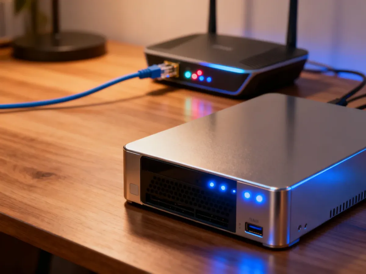 Nowoczesny serwer NAS z migającymi diodami na drewnianym biurku, podłączony kablem ethernet do domowego routera.