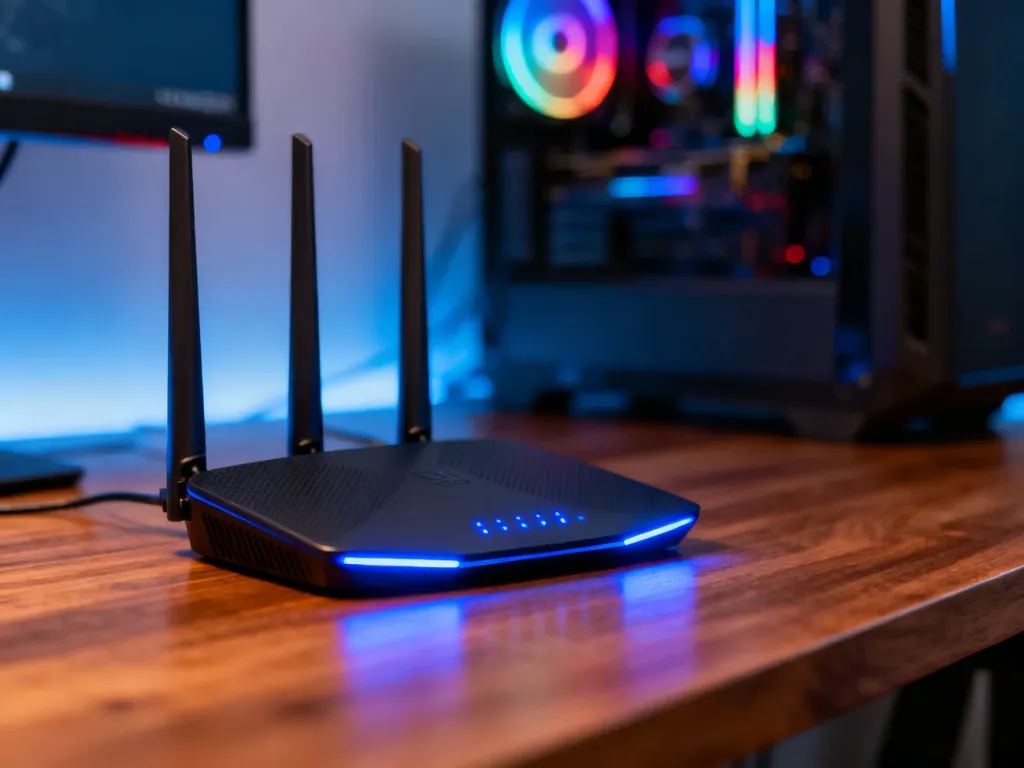 Nowoczesny router z migającymi diodami na tle stanowiska gamingowego, ilustrujący problem niestabilnego połączenia Wi-Fi.