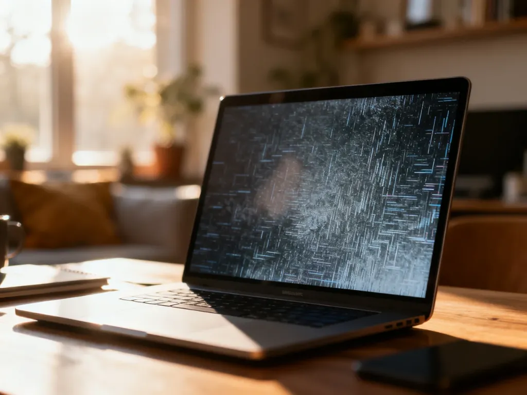 Laptop z zamrożonym ekranem na biurku w domowym biurze, ilustrujący problemy z płynnością rozmów wideo.