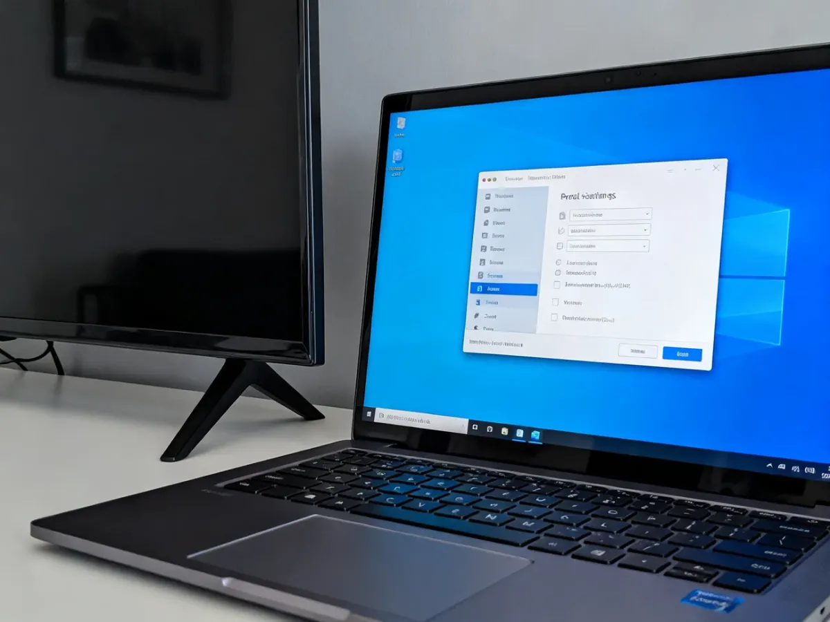 Laptop z ustawieniami rozdzielczości podłączony do telewizora