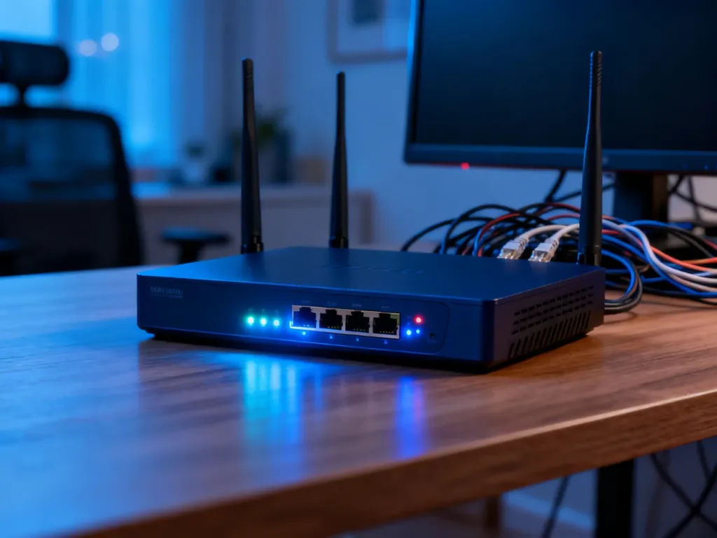 Nowoczesny router z aktywnymi diodami LED na biurku, sygnalizujący stan połączenia sieciowego w domowym biurze.