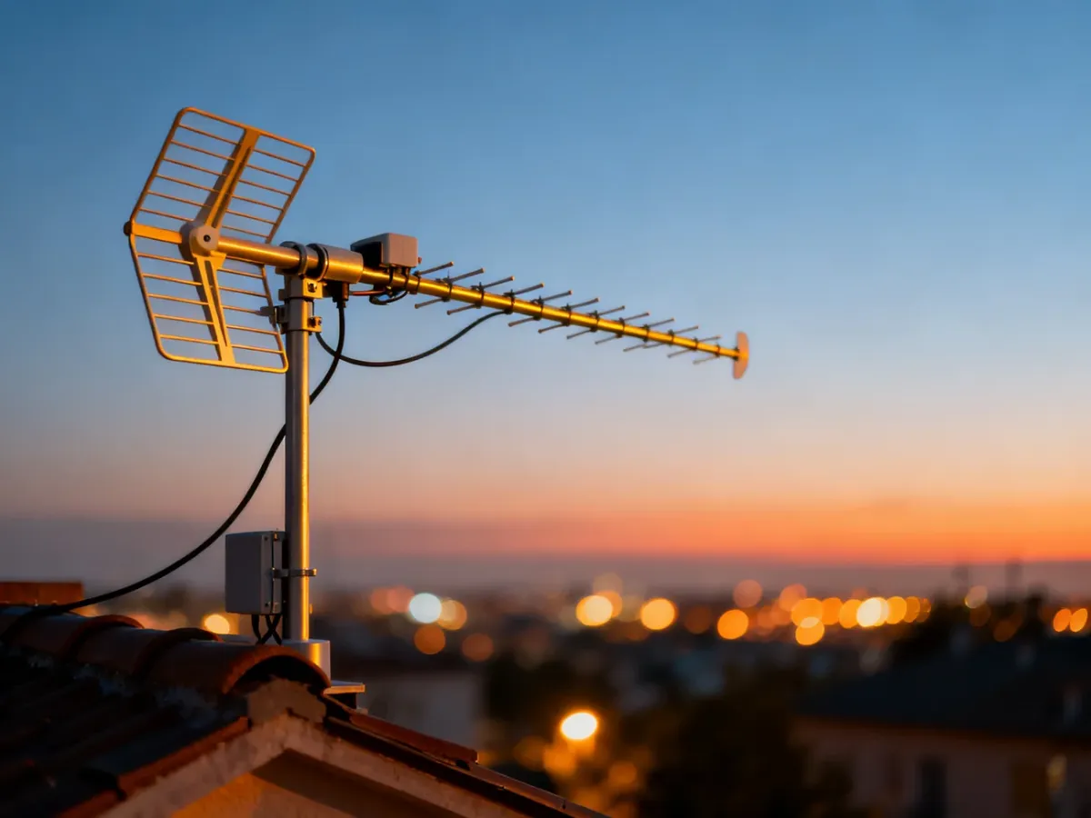 Nowoczesna antena telewizyjna na dachu budynku o zachodzie słońca, symbolizująca odbiór cyfrowej telewizji naziemnej.