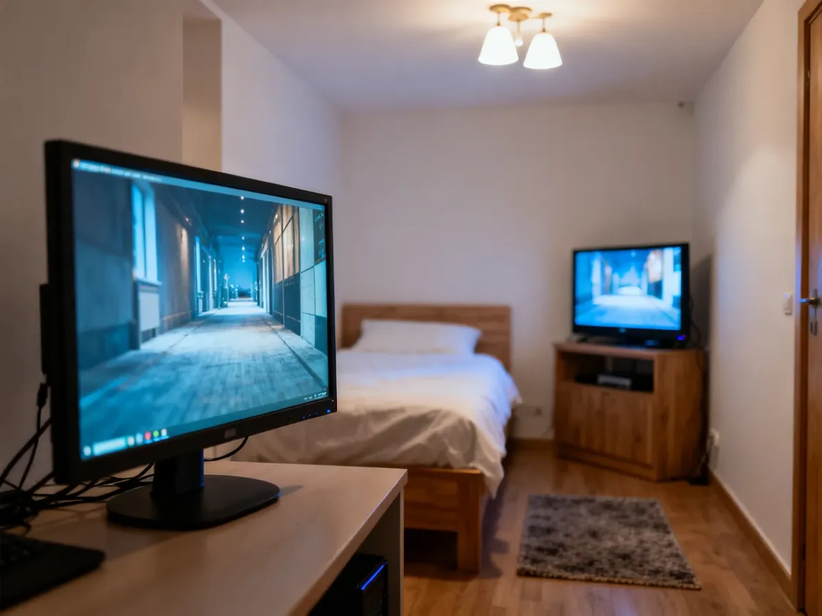 Monitor na biurku i telewizor oglądany z łóżka w małym pokoju