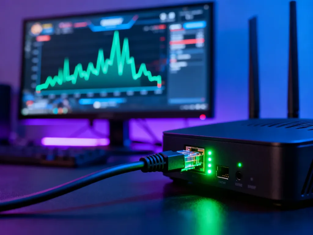 Kabel ethernet podłączony do routera z widocznym w tle monitorem prezentującym wykres opóźnień w grze.