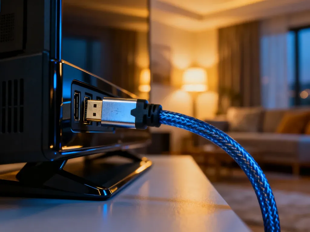Kabel HDMI podłączony do portu telewizora. Zbliżenie na złącze, które pomaga zdiagnozować problemy z przesyłem dźwięku.