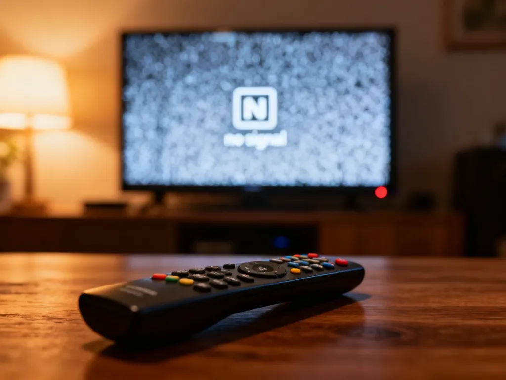 Pilot do telewizora na drewnianym stole na tle ekranu z komunikatem o braku sygnału.