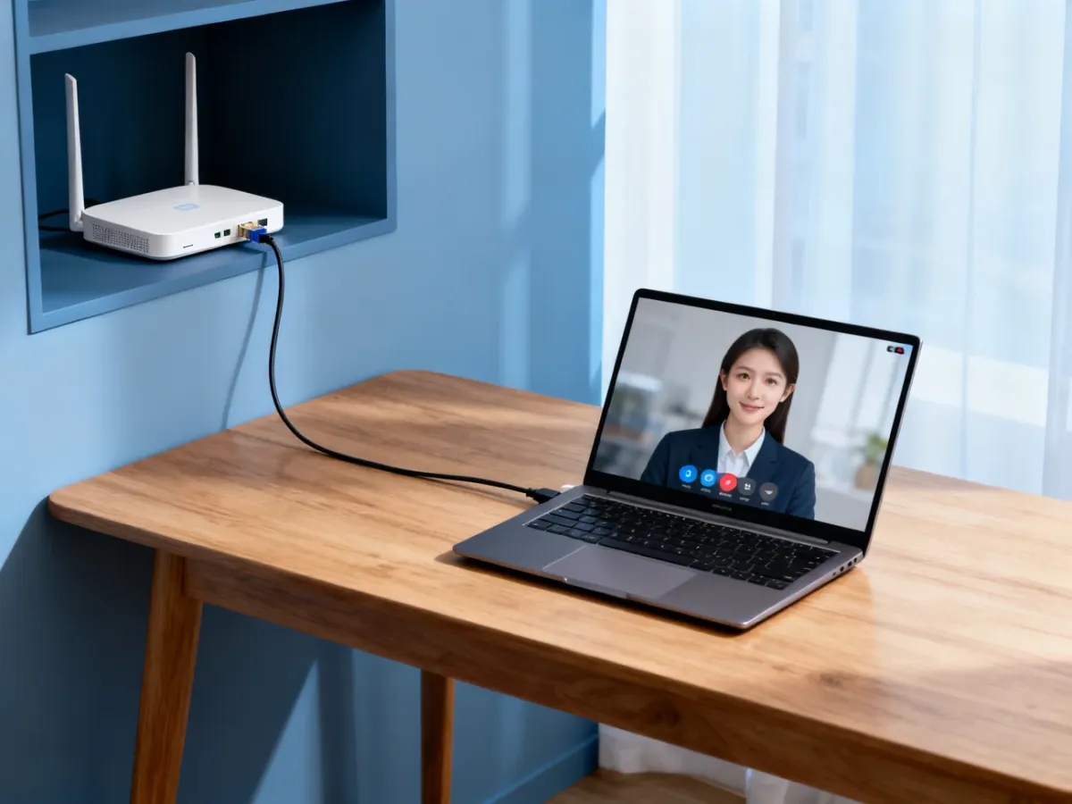 Laptop connected to a router during a video call, with an Ethernet cable nearby
