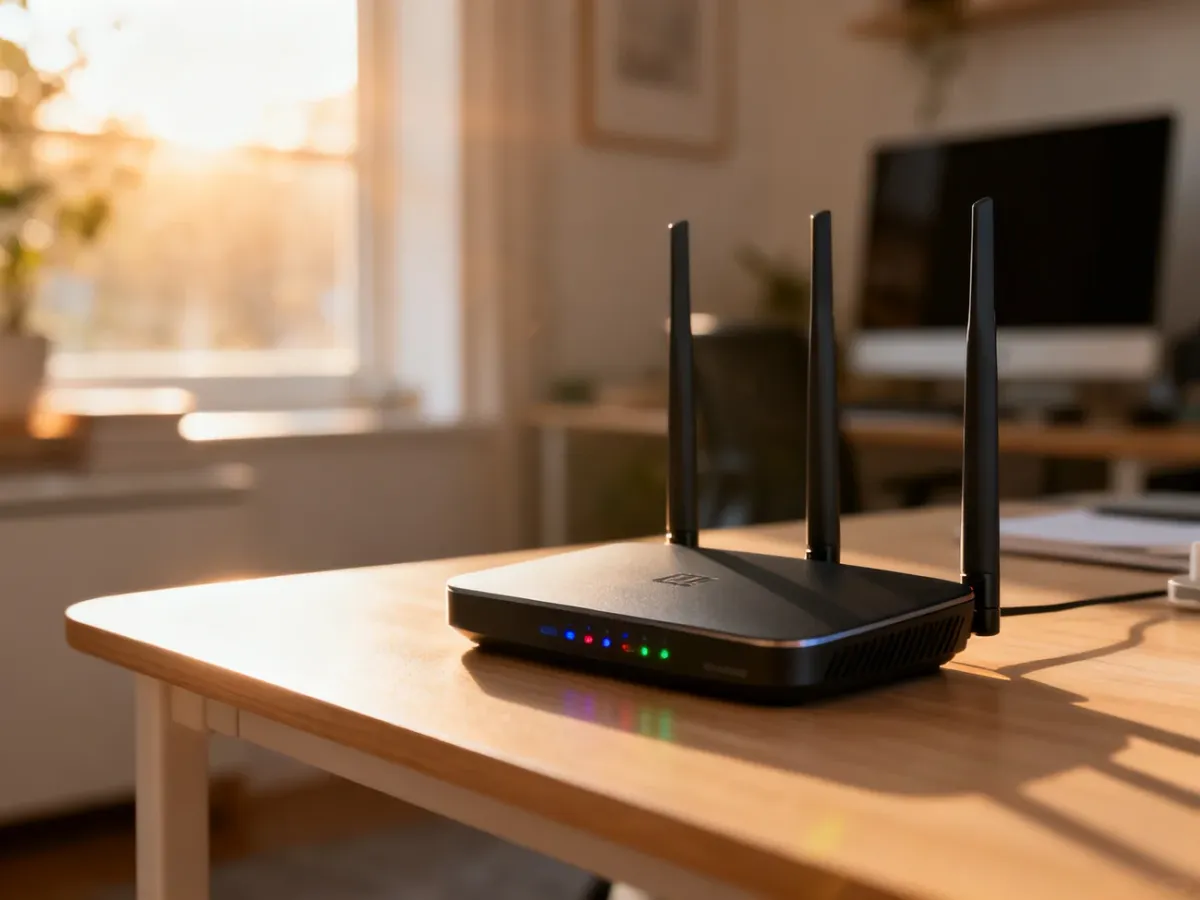 Nowoczesny router Wi-Fi na drewnianym biurku w domowym biurze, gotowy do obsługi szybkiego łącza światłowodowego.