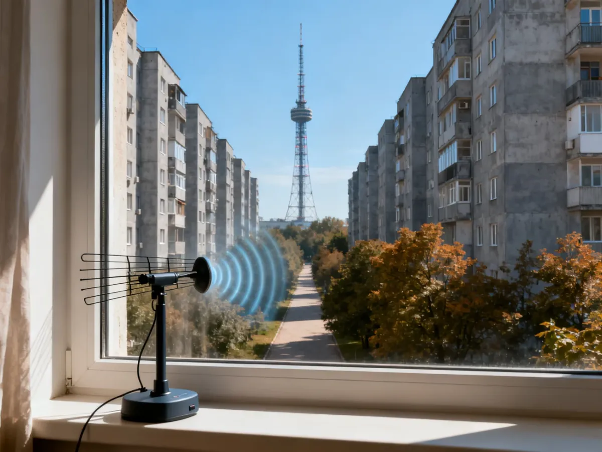 Antena pokojowa ustawiona przy oknie mieszkania w bloku, skierowanym w stronę nadajnika