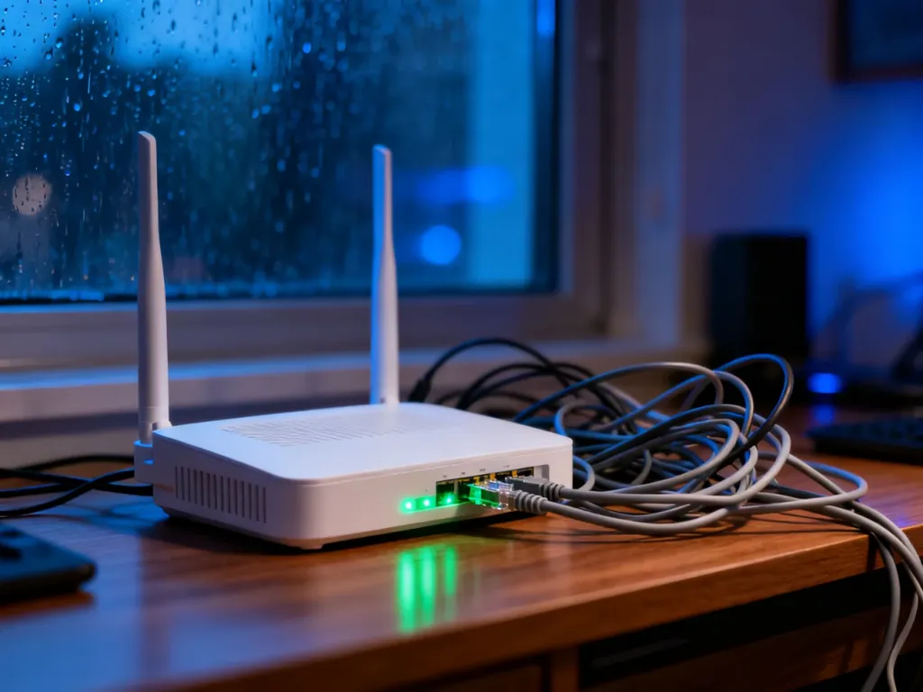 Nowoczesny router LTE z migającymi diodami na drewnianym biurku, podłączony wieloma kablami ethernet.