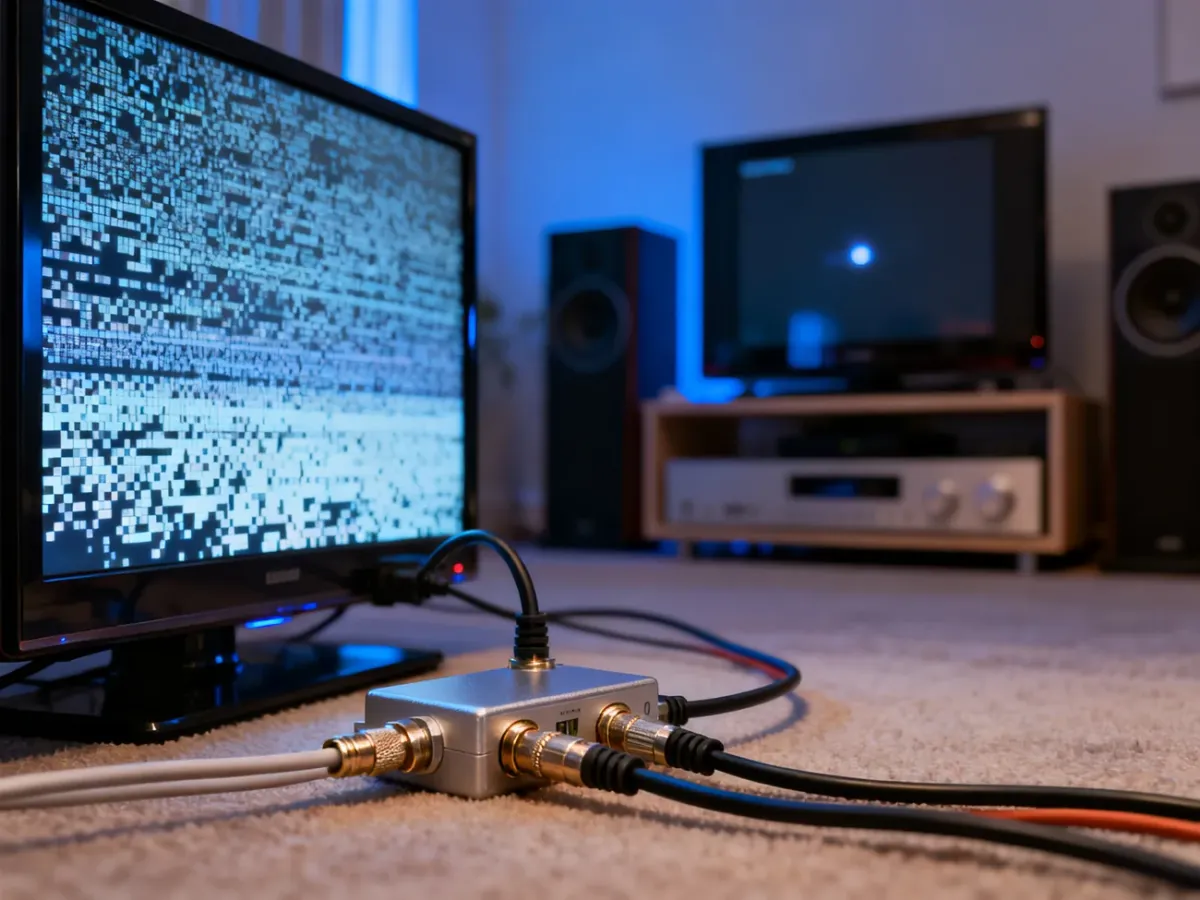 Rozdzielacz sygnału podłączony do dwóch telewizorów z pikselizowanym obrazem