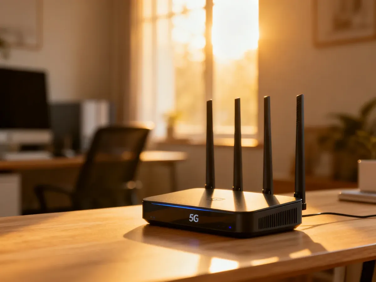 Nowoczesny router 5G na drewnianym biurku w domowym biurze, gotowy do zapewnienia szybkiego połączenia internetowego.