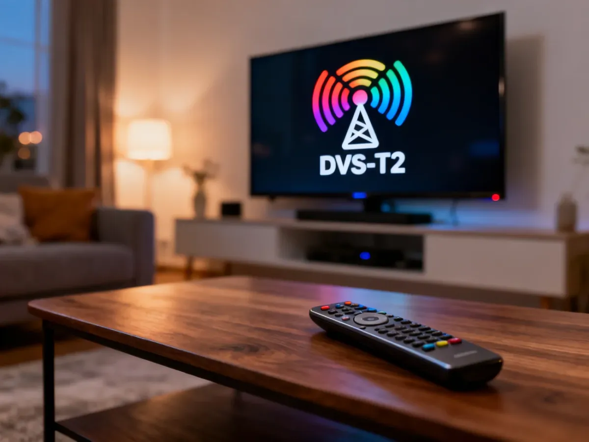 Nowoczesny telewizor w salonie wyświetlający sygnał cyfrowy, symbolizujący odbiór programów w standardzie DVB-T2.